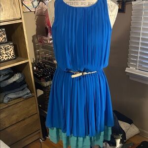 Blue and Teal Pleated Jessica Simpson Dress with Belt - Small